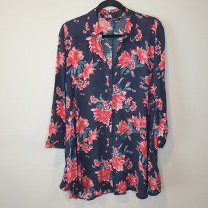 Zara floral shirt mini dress tunic red navy S